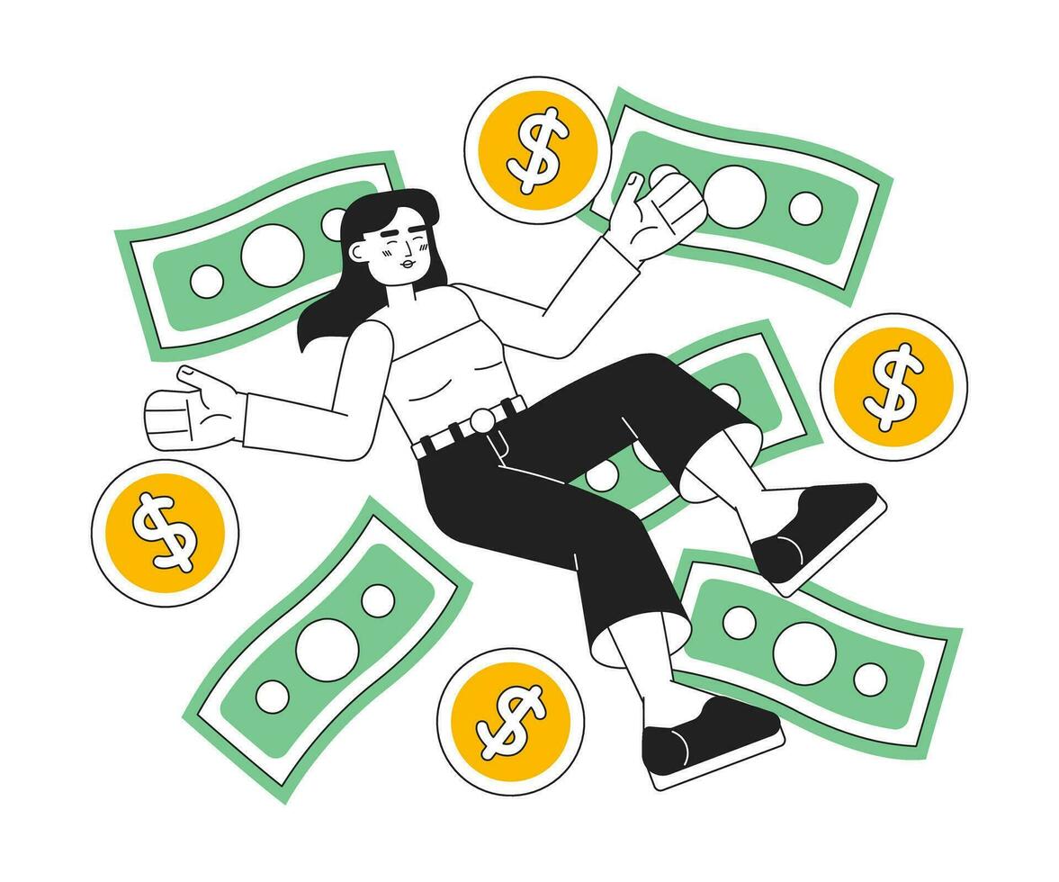 Happy woman among money 2D vector monochrome isolated spot illustration. Business investition flat hand drawn investing character on white background. Businesswoman editable outline cartoon scene