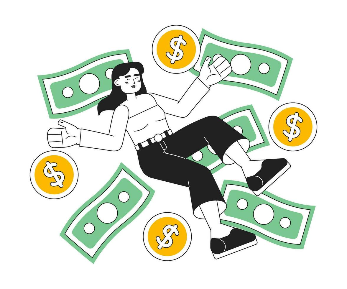 contento mujer entre dinero 2d vector monocromo aislado Mancha ilustración. negocio investicion plano mano dibujado invertir personaje en blanco antecedentes. mujer de negocios editable contorno dibujos animados escena