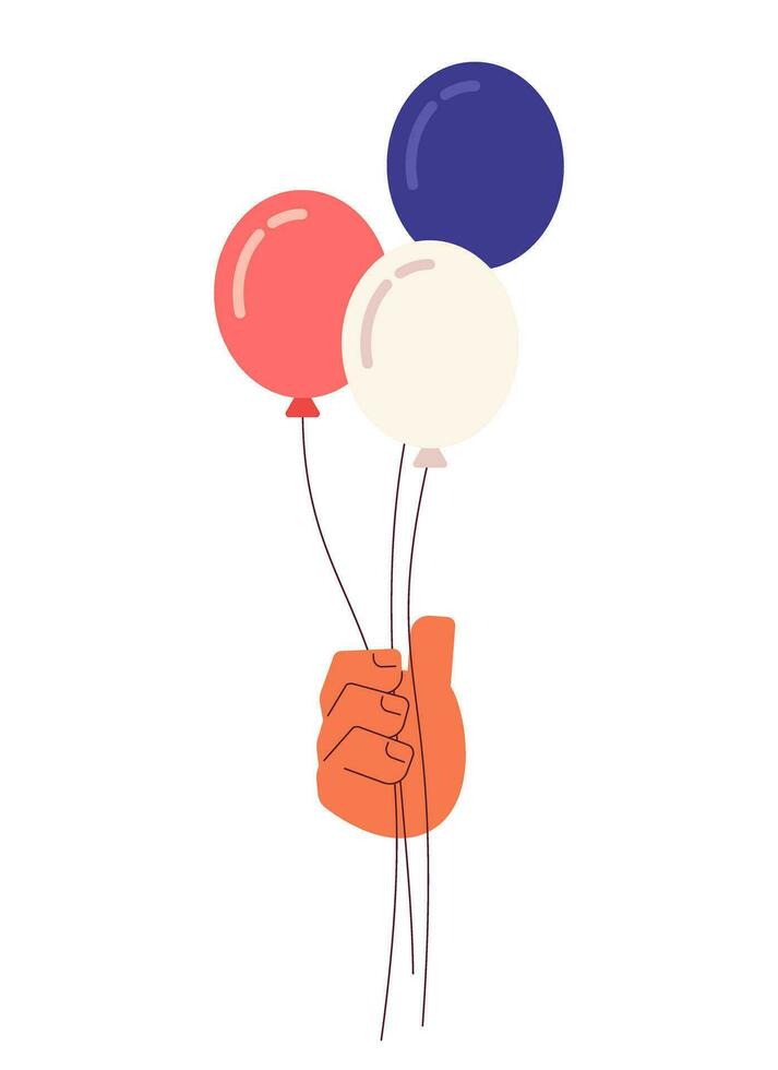 July 4th balloons holding semi flat colorful vector hand. Americana red white and blue colors. Happy independence. Editable clip art on white. Simple cartoon spot illustration for web graphic design