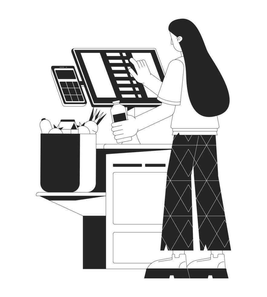 mujer en yo Servicio terminal bw concepto vector Mancha ilustración. pago para compras 2d dibujos animados plano línea monocromo personaje para web ui diseño. compras editable aislado contorno héroe imagen