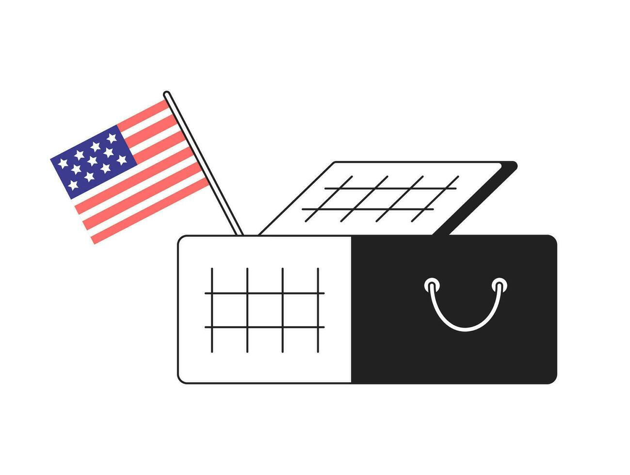 Picnic basket with american flag monochrome flat vector object. Independence day usa celebration. Editable black white thin line icon. Simple cartoon clip art spot illustration for web graphic design