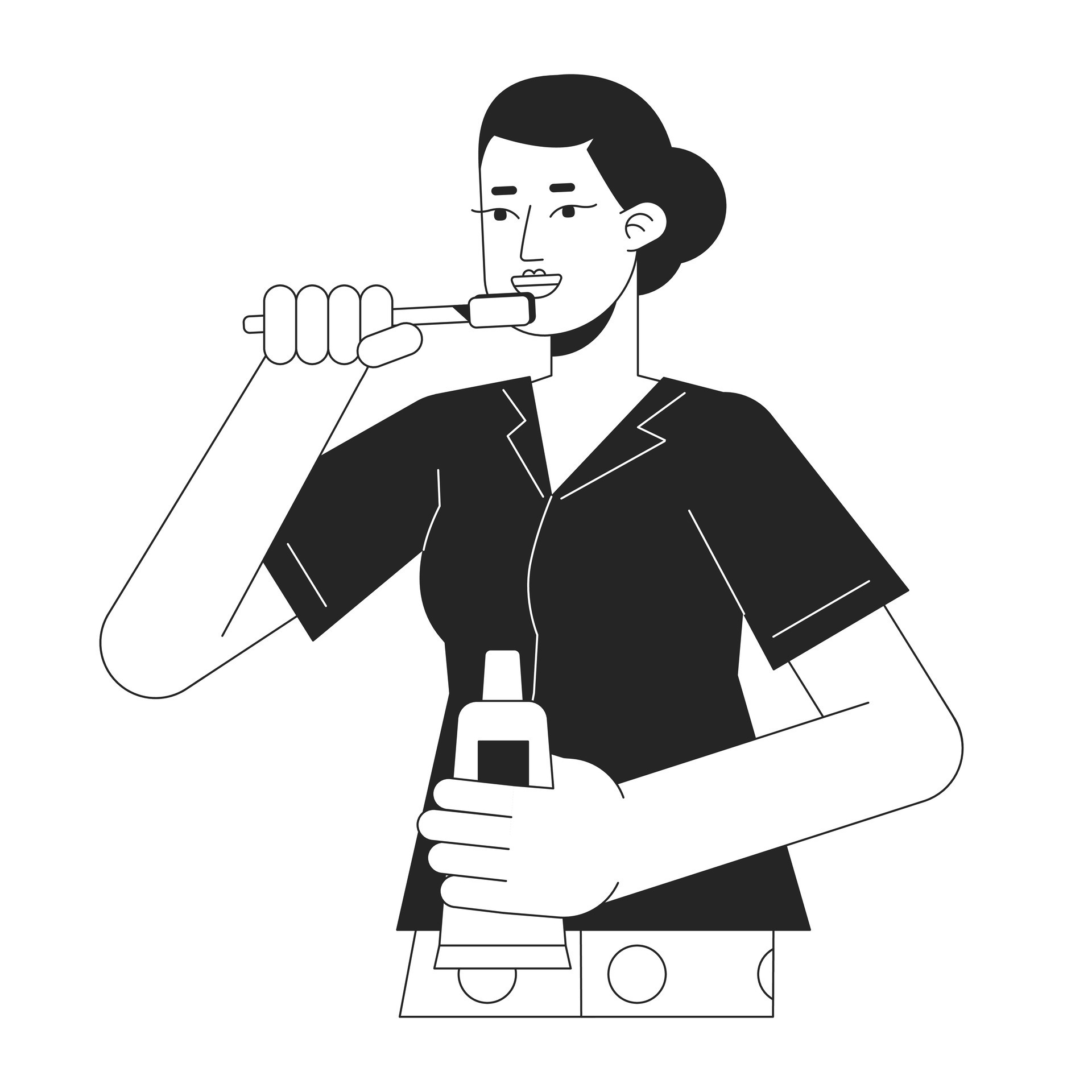 Woman brush teeth flat line black white vector character. Editable