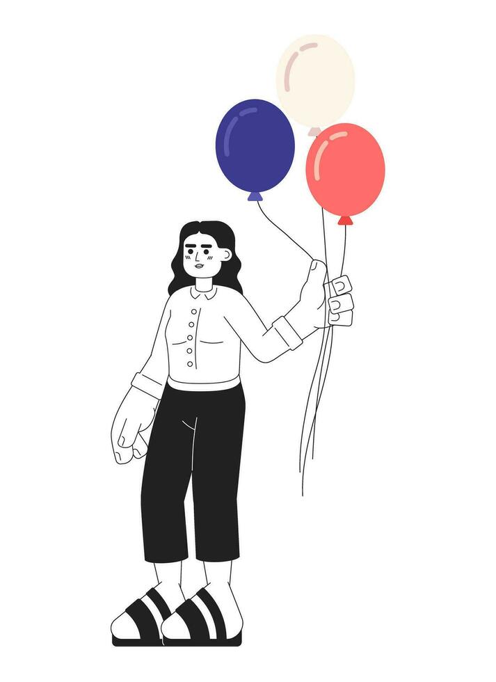 Arabic young woman holding red white and blue balloons monochromatic flat vector character. US holiday. Editable line full body person on white. Simple bw cartoon spot image for web graphic design