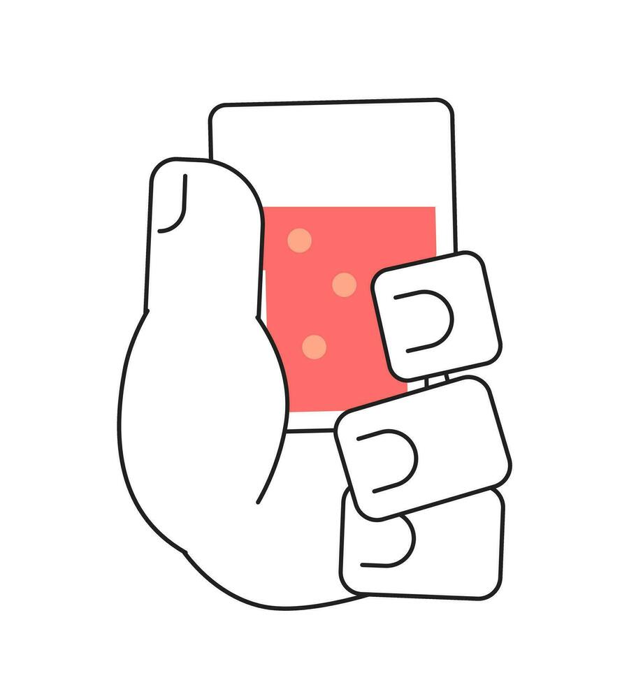 Holding glass with fruit punch cocktail monochromatic flat vector hand. Summertime juice. Tasty rum shot. Editable thin line clip art on white. Simple bw cartoon spot image for web graphic design