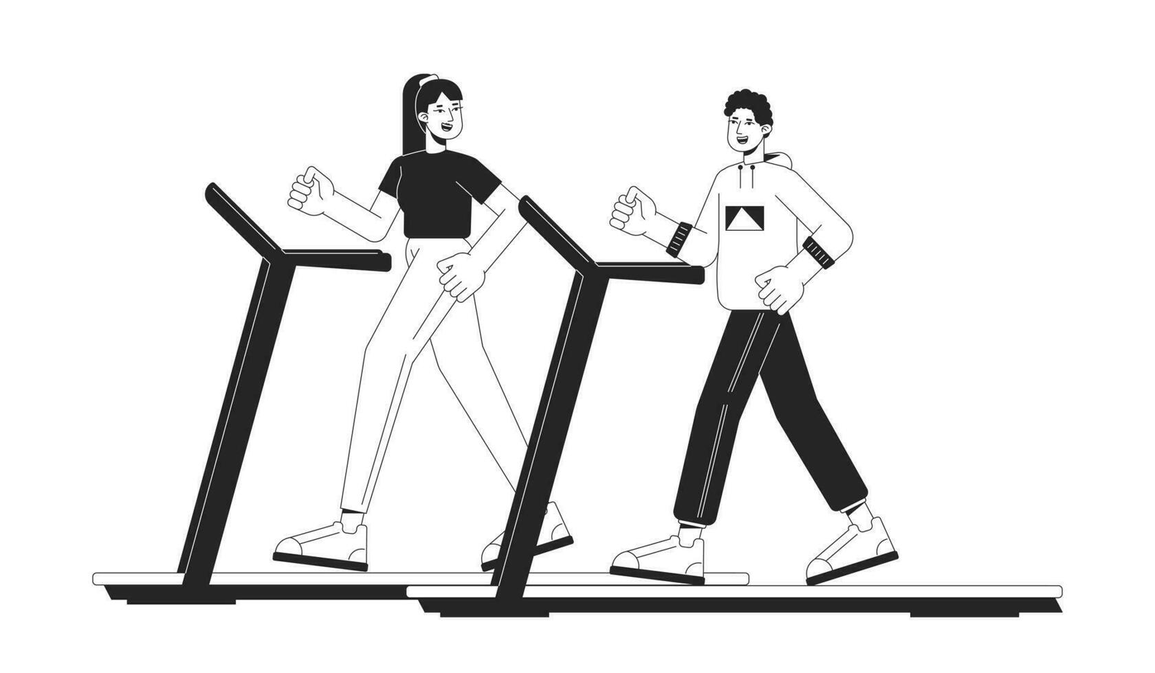 Active people on treadmills flat line black white vector characters. Editable outline full body sportsmen. Sport in gym simple cartoon isolated spot illustration for web graphic design
