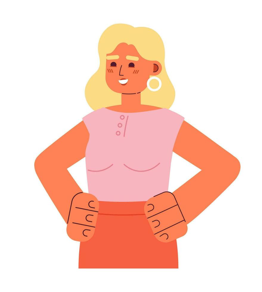 Cheerful blonde woman semi flat colorful vector character. Editable full body optimistic entrepreneur on white. Simple cartoon spot illustration for web graphic design