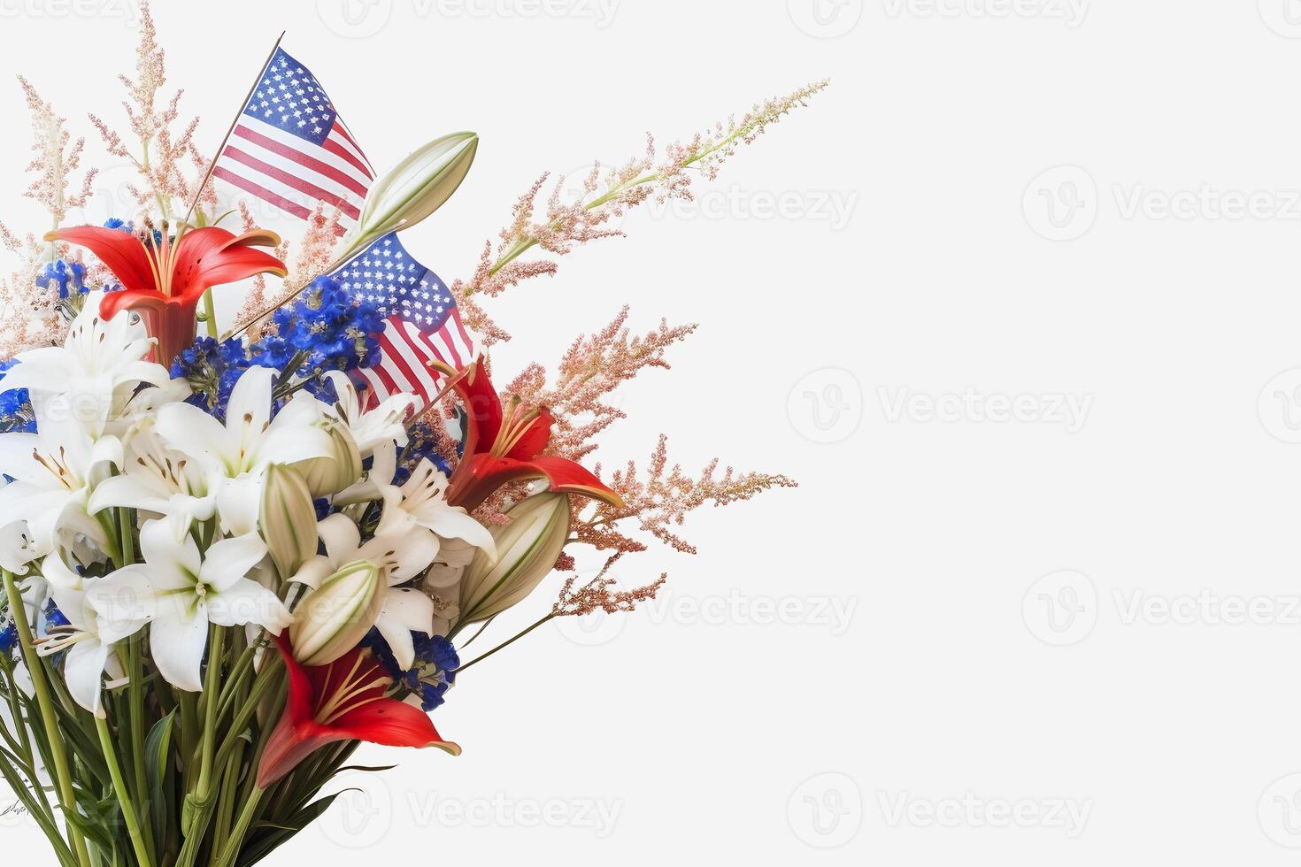 patriótico floraciones vibrante americano bandera color flores en un blanco antecedentes con Copiar espacio generativo ai foto