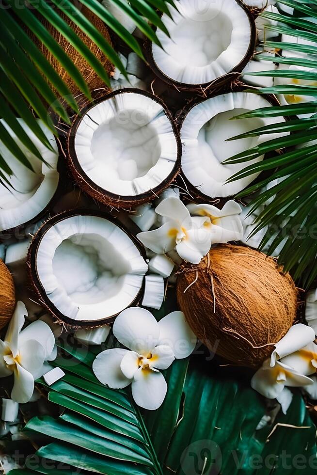 Coconut Slices with Leaves and Flowers for Summer Aesthetic photo