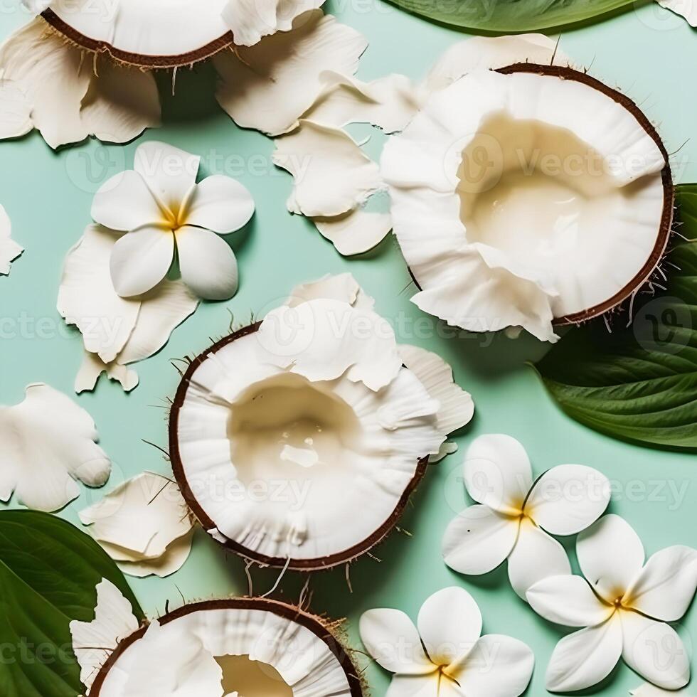 Coconut Slices with Leaves and Flowers for Summer Aesthetic photo