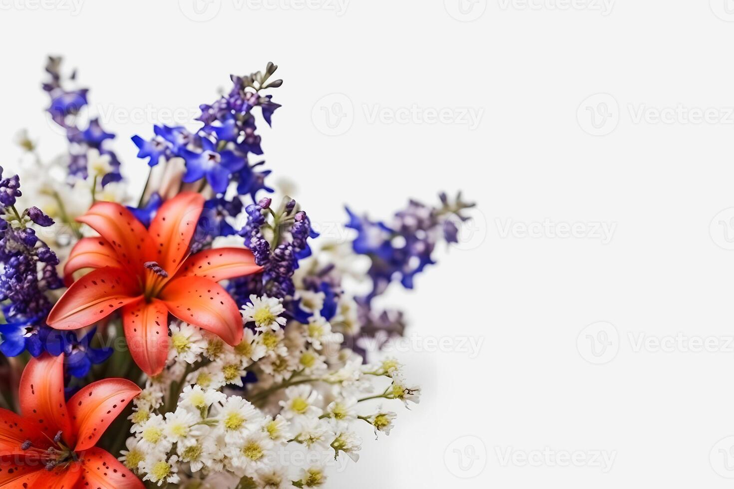 Patriotic Blooms Vibrant American Flag Color Flowers on a White Background with Copy Space photo