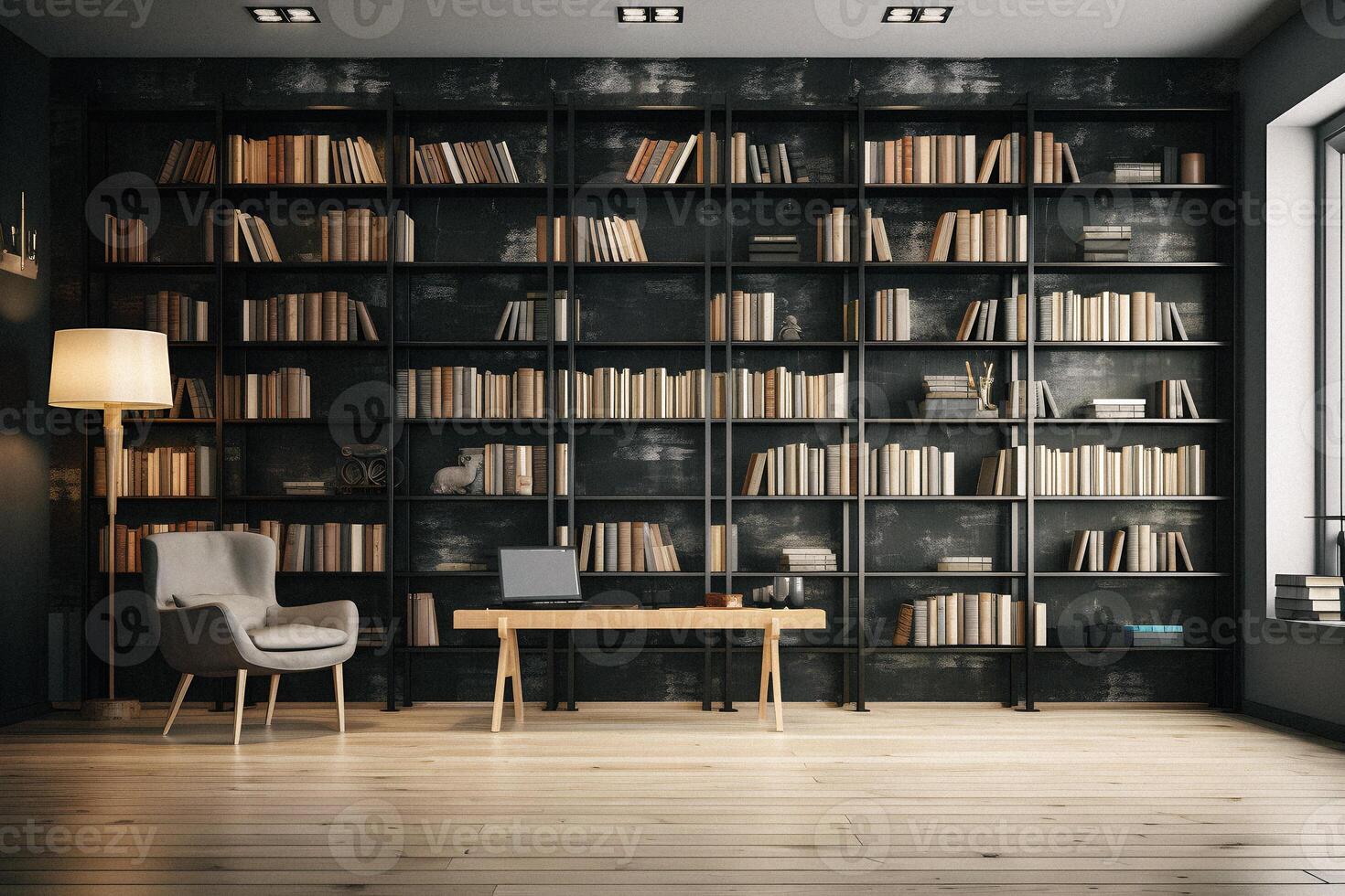 Sleek and Sophisticated A Contemporary Bookshelf with an Elegant Design, Showcasing a Photorealistic Backdrop of a Study Filled with Books photo