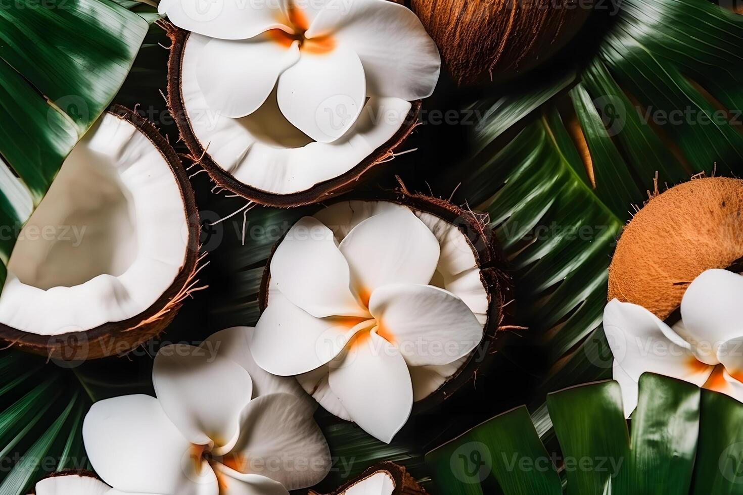 Coconut Slices with Leaves and Flowers for Summer Aesthetic photo