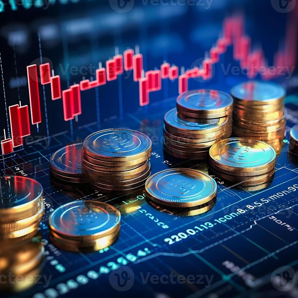 Tech-Infused Investment Success 3D Coin Background with Blue Finance Graph photo