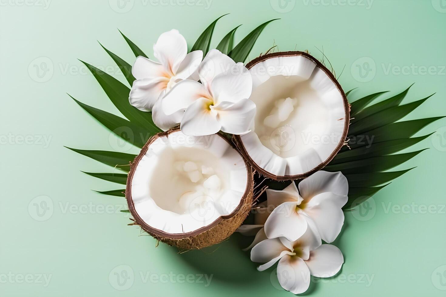 Coco rebanadas con hojas y flores para verano estético generativo ai foto