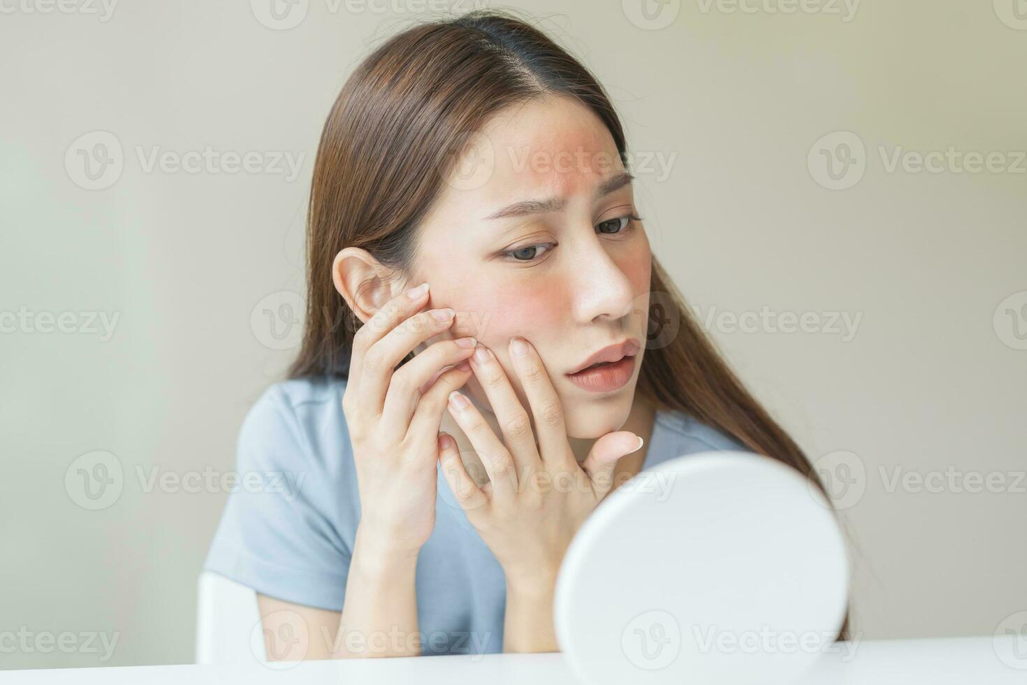Dermatology, scratch asian young woman looking at mirror, expression