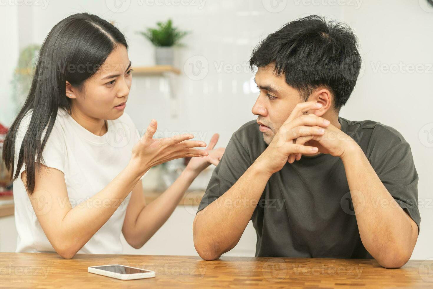 Breakup and depressed, asian young quarrel  couple love fight relationship in trouble. Different people are emotion angry. Argue husband has expression, upset with wife. Problem of family people. photo