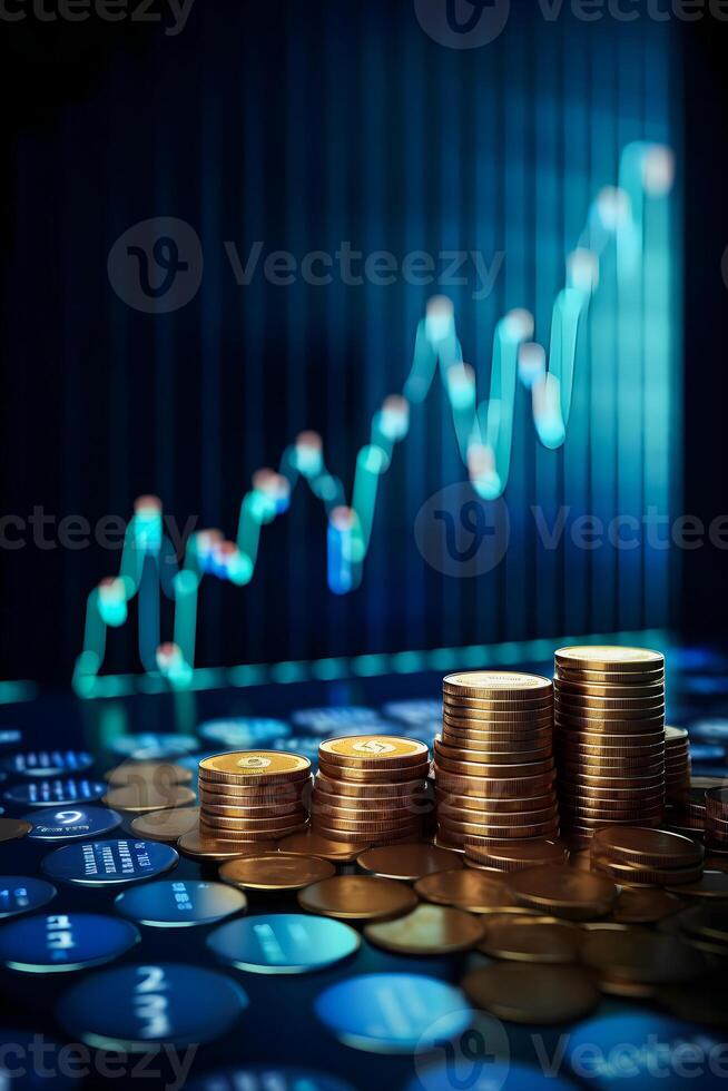 Tech-Infused Investment Success 3D Coin Background with Blue Finance Graph photo