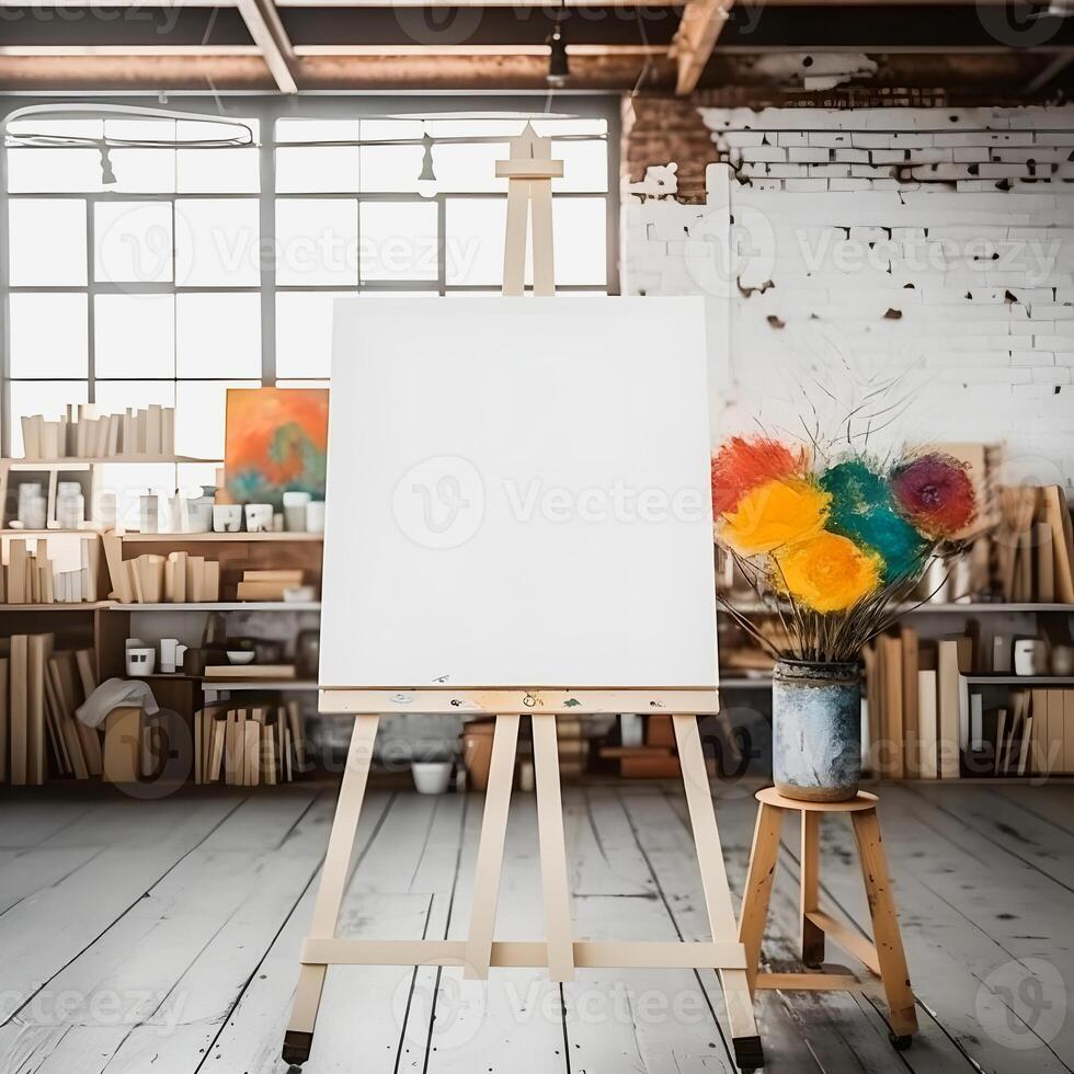 Artistic Inspiration Vibrant Art Studio Display with a Blank White Mockup Frame photo