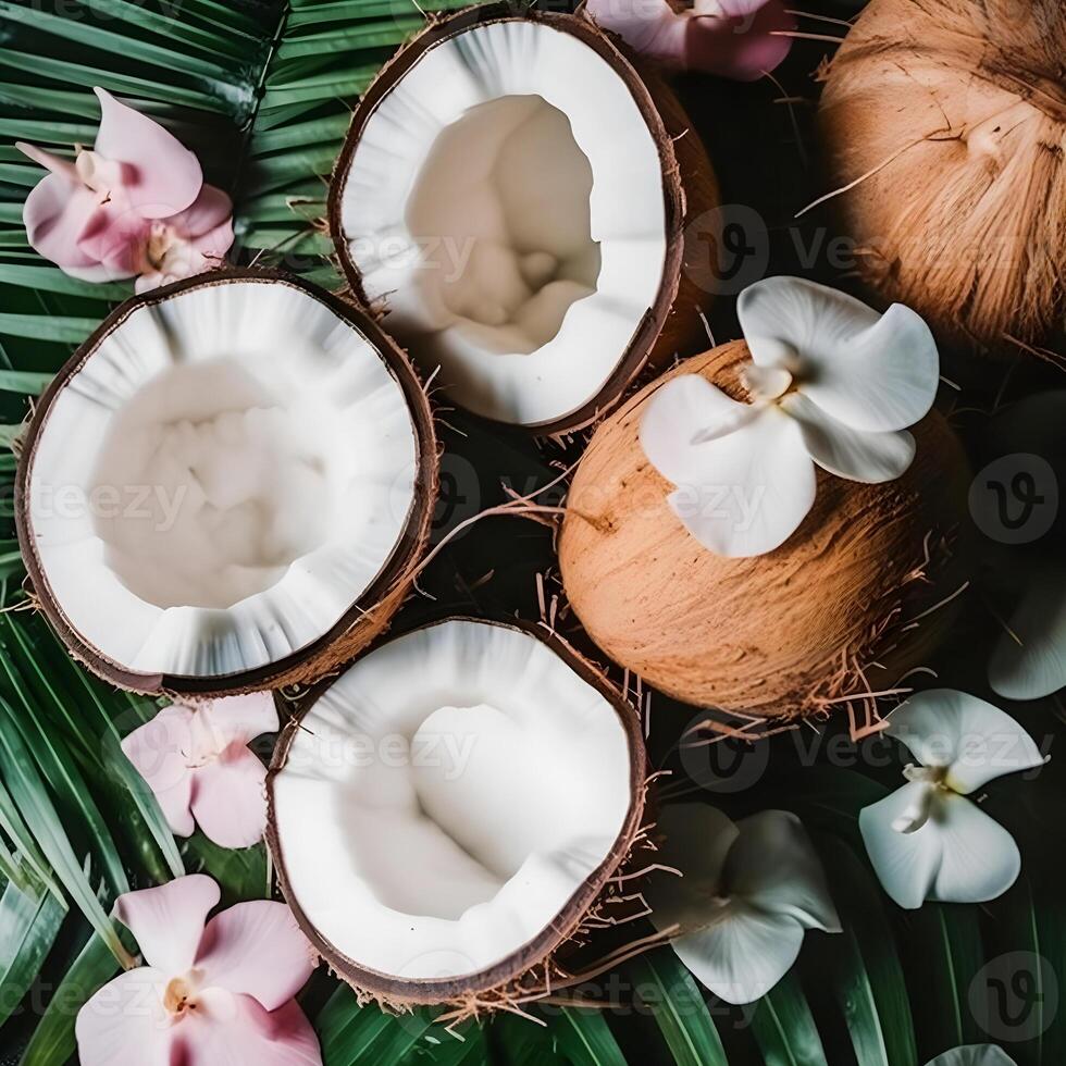 Coconut Slices with Leaves and Flowers for Summer Aesthetic photo