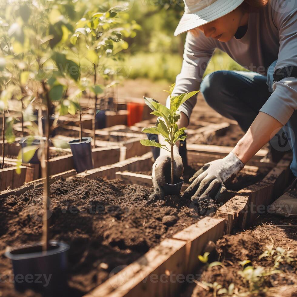 plantando arboles para un sostenible futuro. comunidad jardín y ambiental conservación - promoviendo habitat restauracion y comunidad compromiso en tierra día generativo ai foto