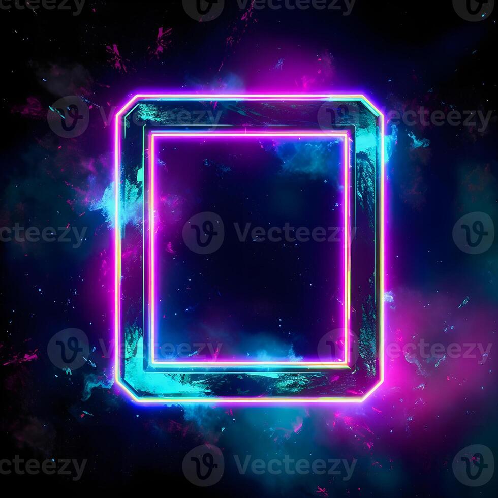 Neon Cyber Frame Social Media Post Mockup with Crystalline Rectangle and Streamer Overlay photo