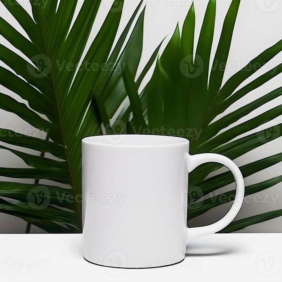 Minimalist White Mug Mockup Clean Desk with Clear Background photo