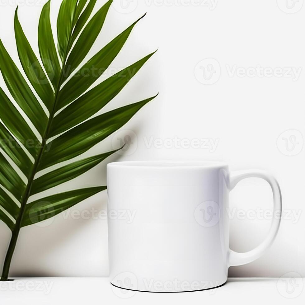 Minimalist White Mug Mockup Clean Desk with Clear Background photo