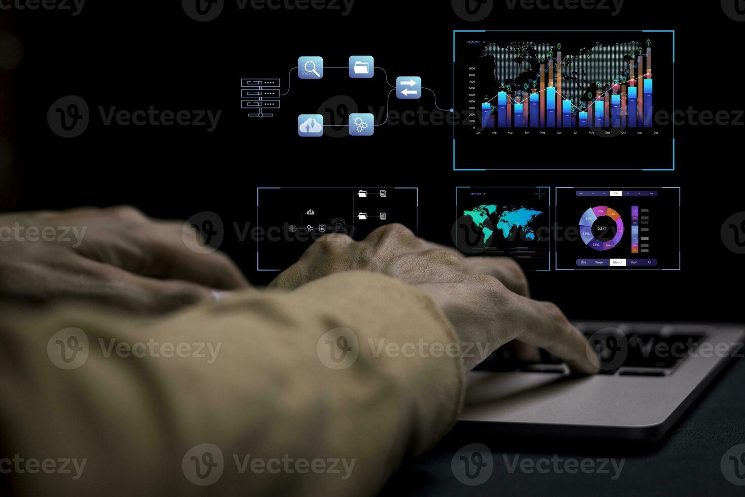 businessman working with business Analytics and Data Management System on computer, online document management and metrics connected to database. Corporate strategy for finance, operations, sales. photo