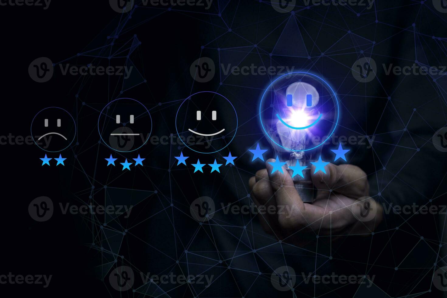 Businessman are touching the virtual screen on the happy Smiley face icon to give satisfaction in service. rating very impressed.digital marketing,Customer service and satisfaction concept. photo