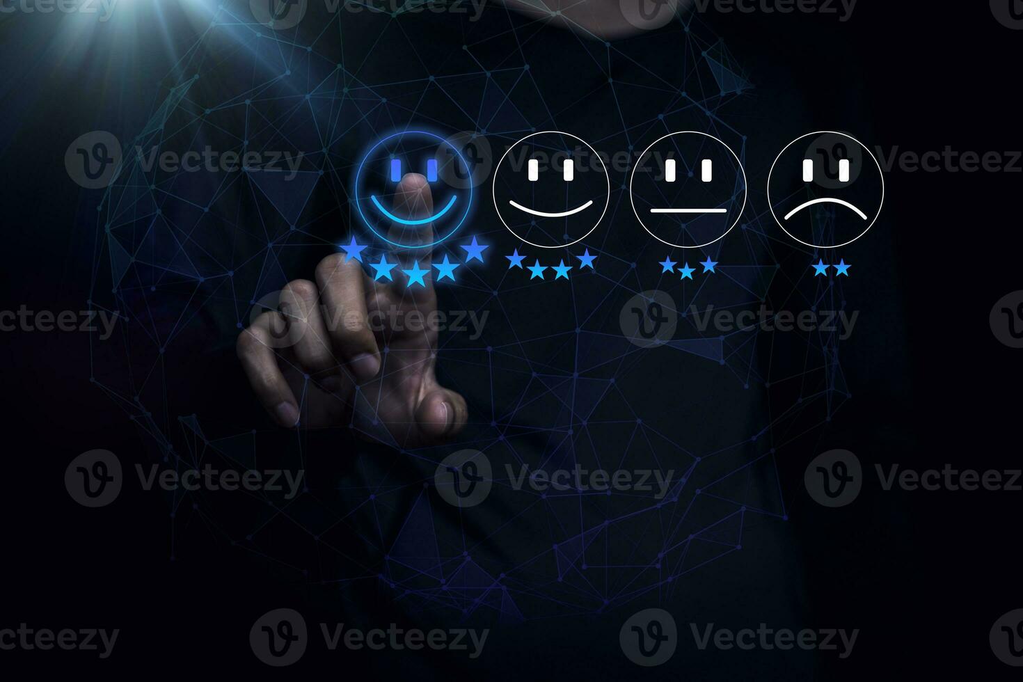 Businessman are touching the virtual screen on the happy Smiley face icon to give satisfaction in service. rating very impressed.digital marketing,Customer service and satisfaction concept. photo