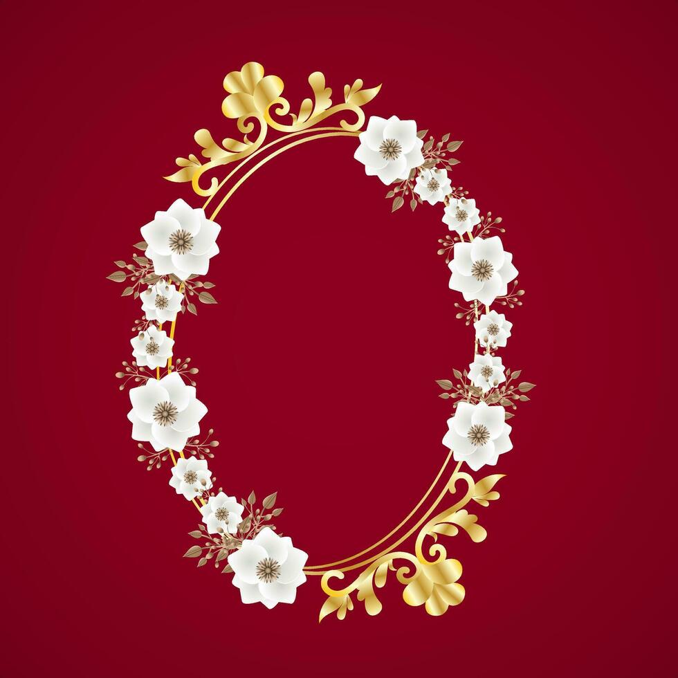 Oval shape of floral frame is decorate with white flower on red background. vector