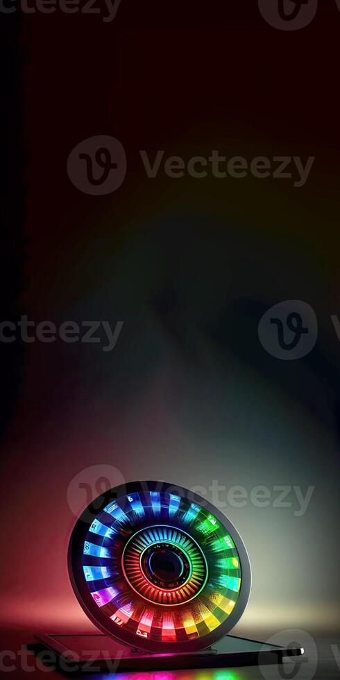 Colorful Glowing Roulette Wheel Stands on Smartphone Screen and Copy Space for Online Casino Game Concept. Technology. photo