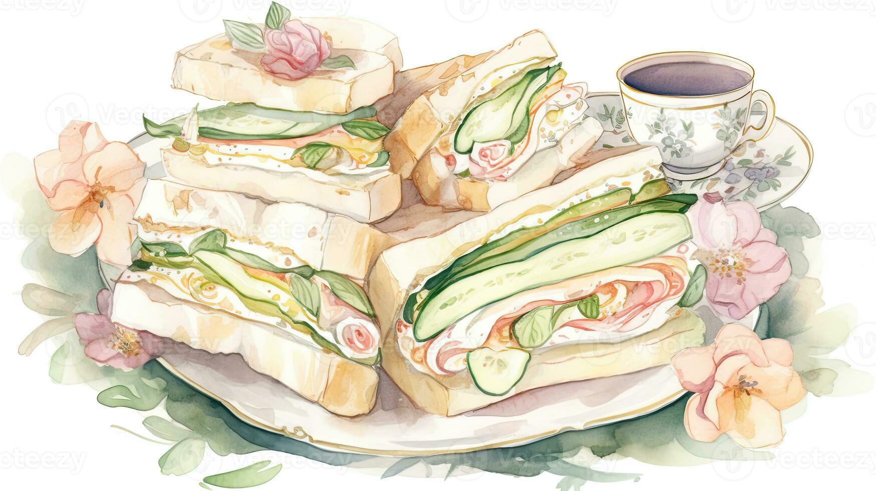 Herb Food Watercolor Painting of Sandwich Comestible Plate with Flower and Tea Cup for Party Concept. photo