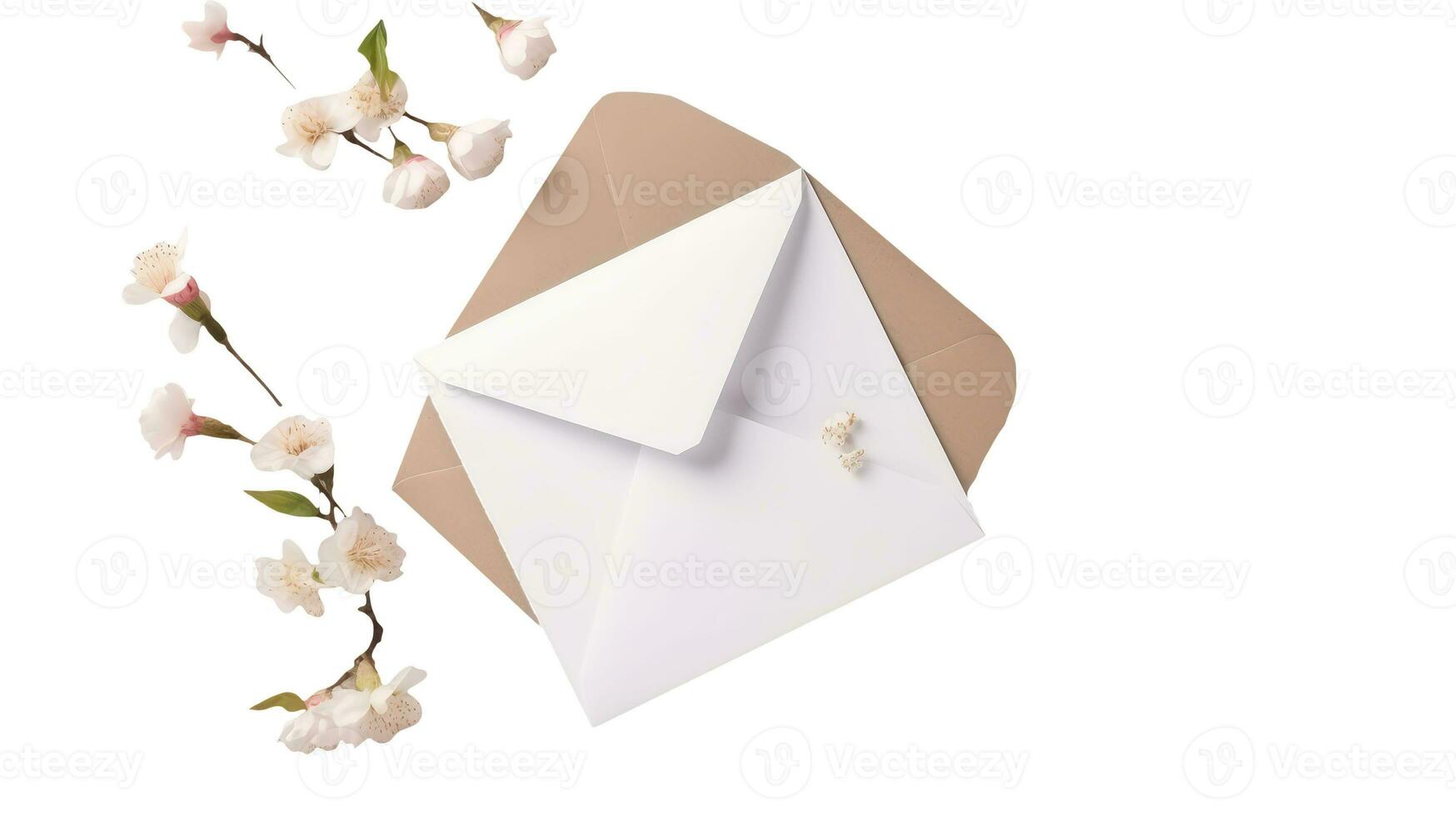 Top View of Greeting Card Envelope Mockup and Beautiful Cherry Blossom Branches. photo