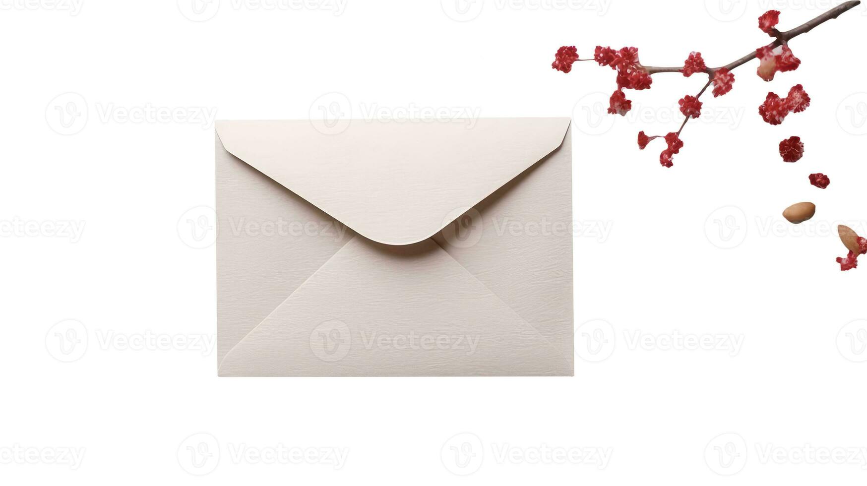 Top View of Blank Greeting Card Envelope with Red Cherry Flower Branch. photo