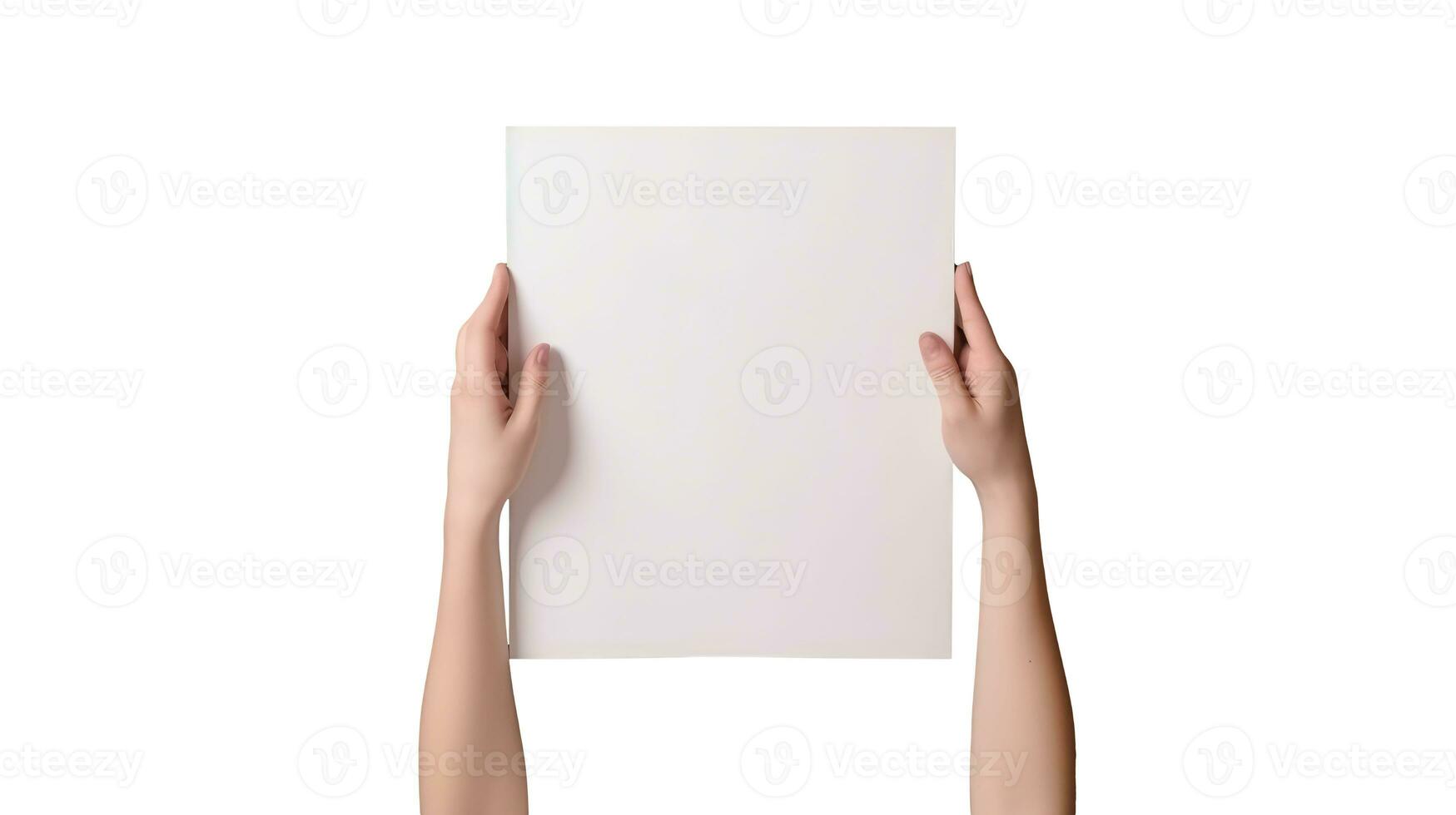 Photography of Female Hand Holding Blank Paper on White Background. photo