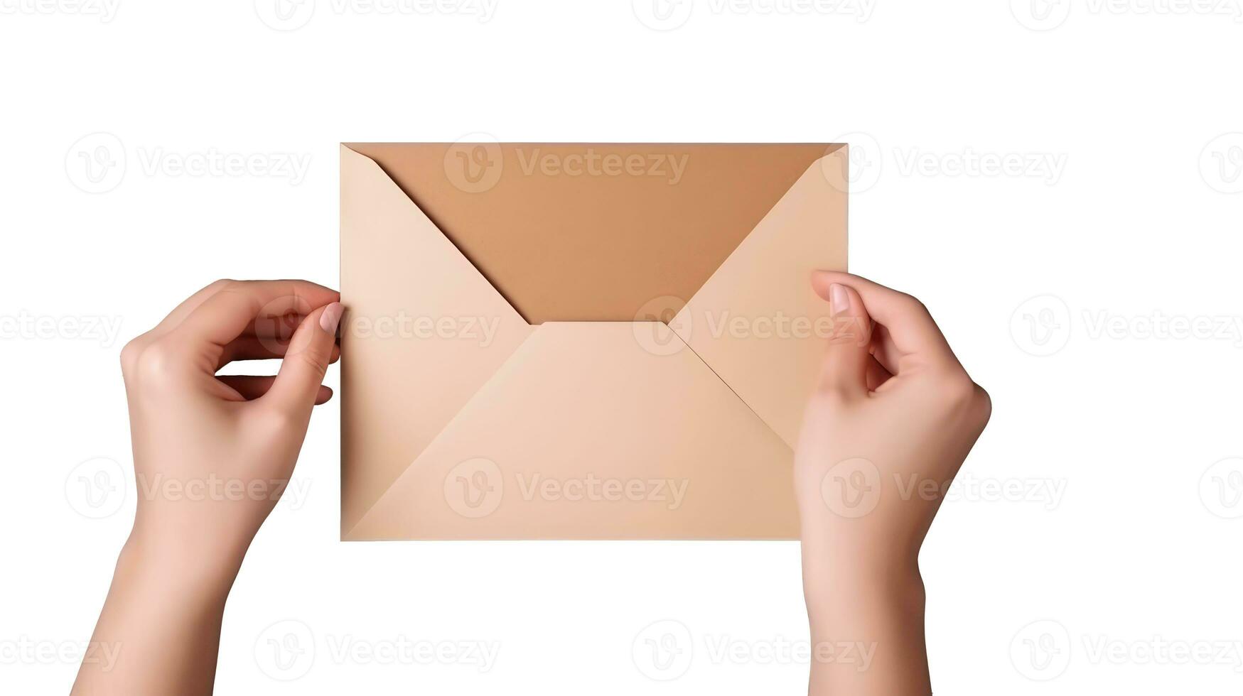 Top View Photo of Female Hand Holding Envelope on White Background.
