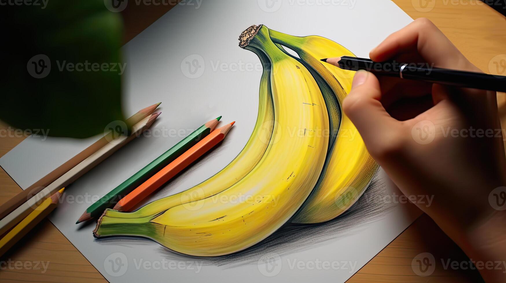 3D Art Presenting Image of Hand Drawing Realistic Banana Bunch with Pencil. Generative AI. photo