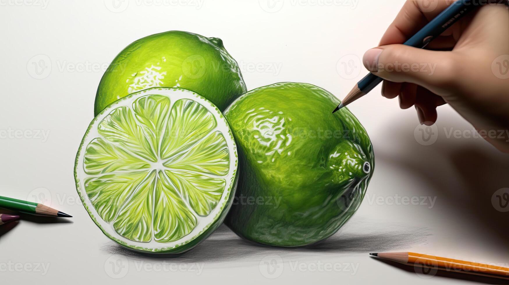 3D Art Presenting Image of Hand Drawing Realistic Two Whole Lime and Cut Slice with Pencil. . photo