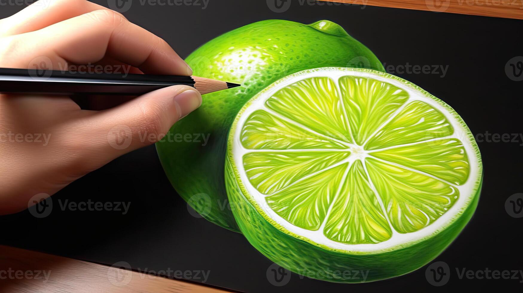 3D Art Presenting Image of Hand Drawing Realistic One Whole Lime and Cut Slice with Pencil. . photo