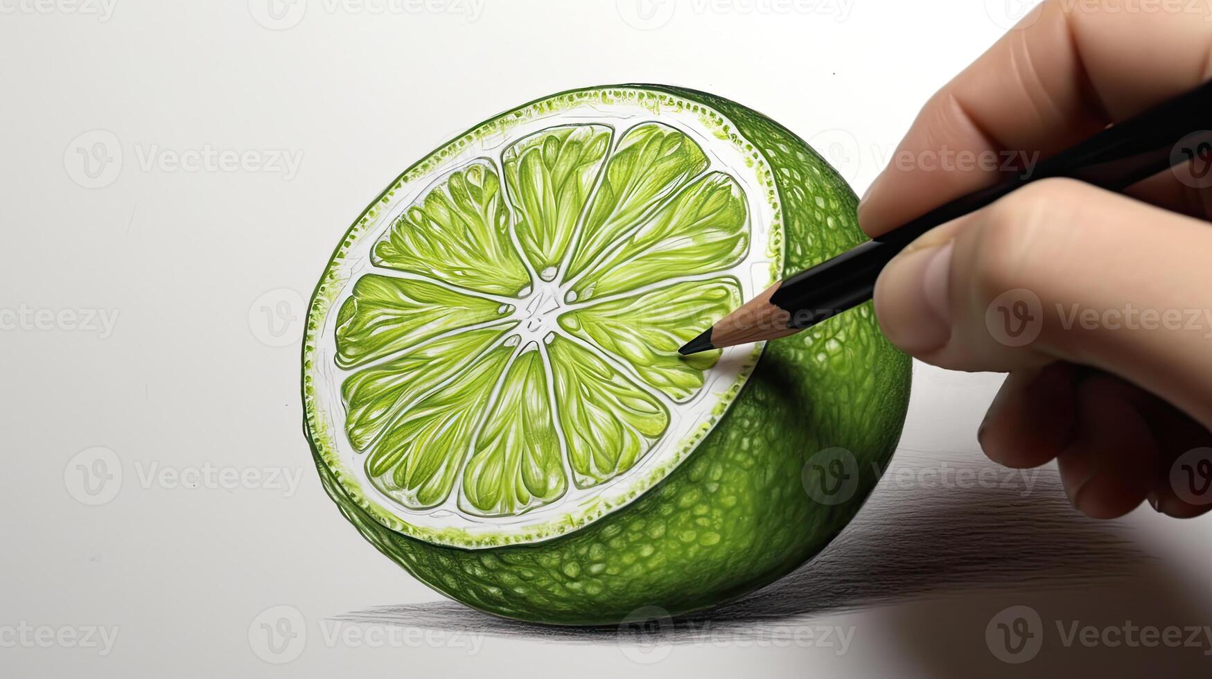 3D Art Presenting Image of Hand Drawing Realistic Lime Cut Slice with Pencil. . photo