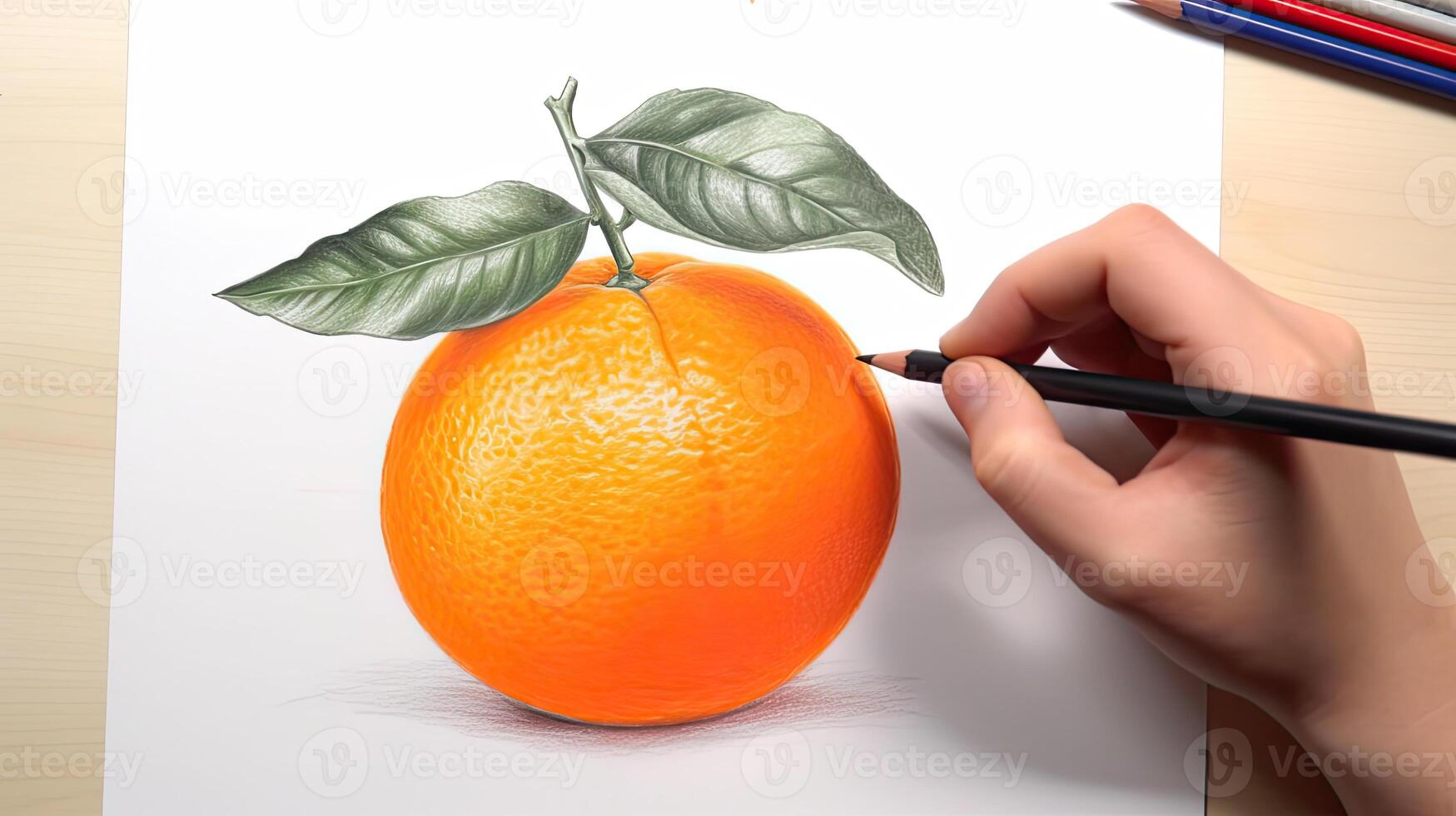 3D Art Presenting Image of Hand Drawing Realistic Orange with Pencil. . photo