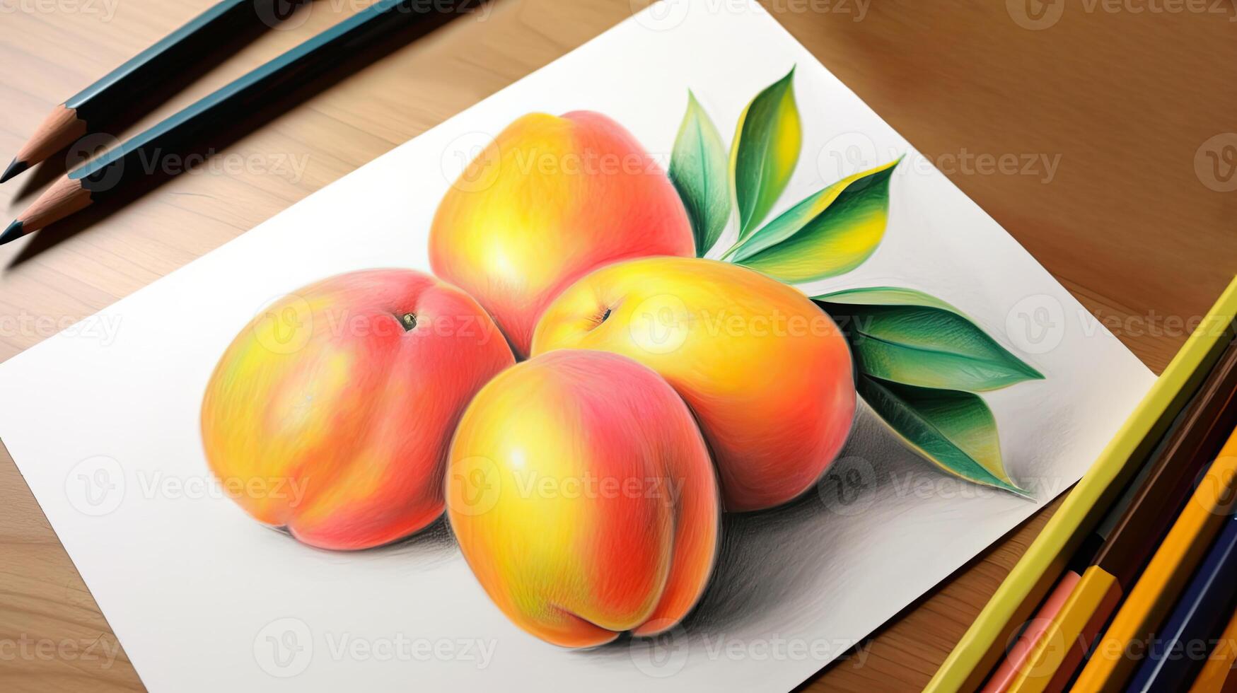 3D Art Image of Realistic Drawing Peach, Leaves with Pencil Illustration. . photo