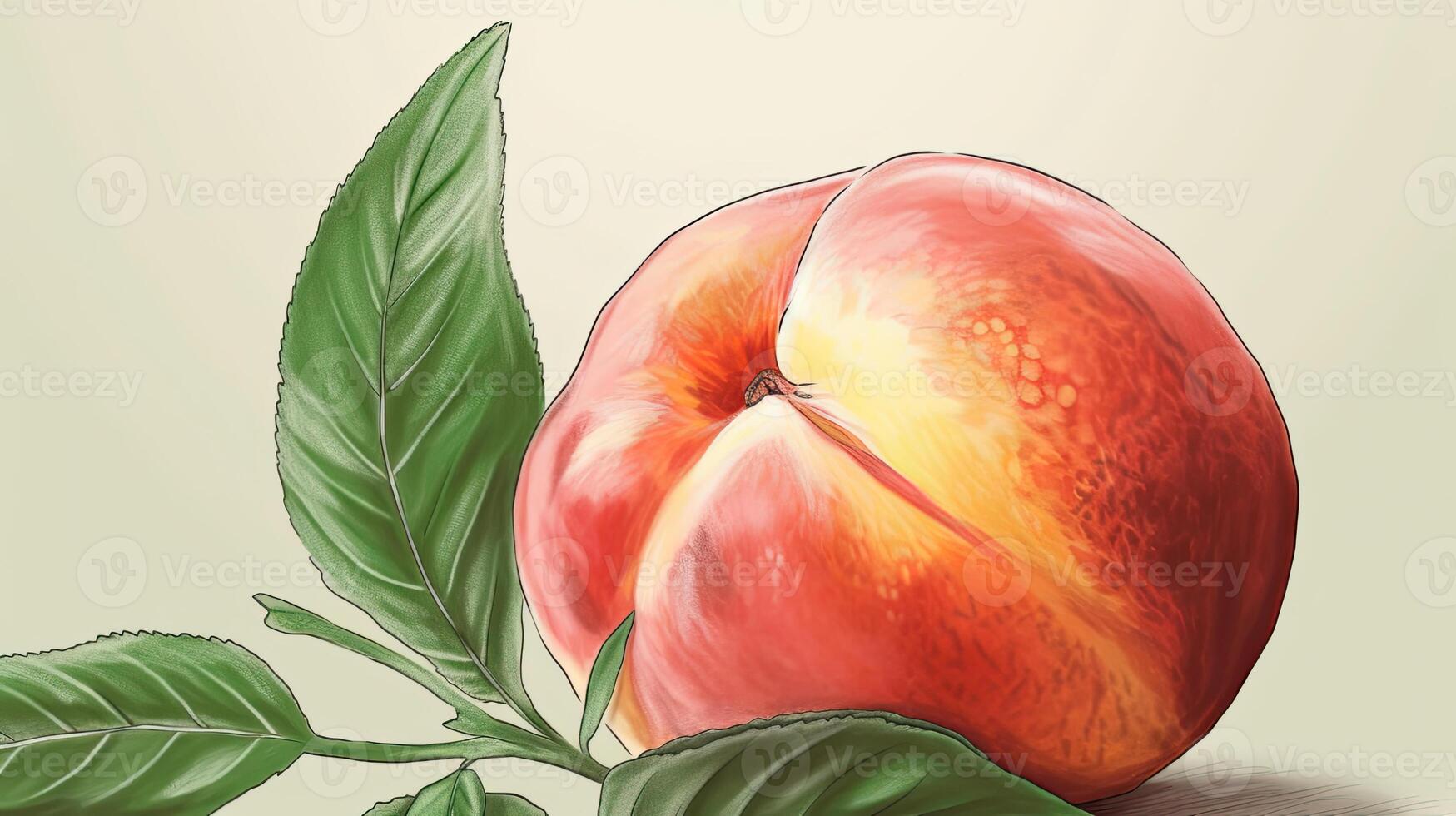 Watercolor Drawing Realistic Peach or Apricot Fruit with Leaves on Pastel Yellow Background. Generative AI. photo