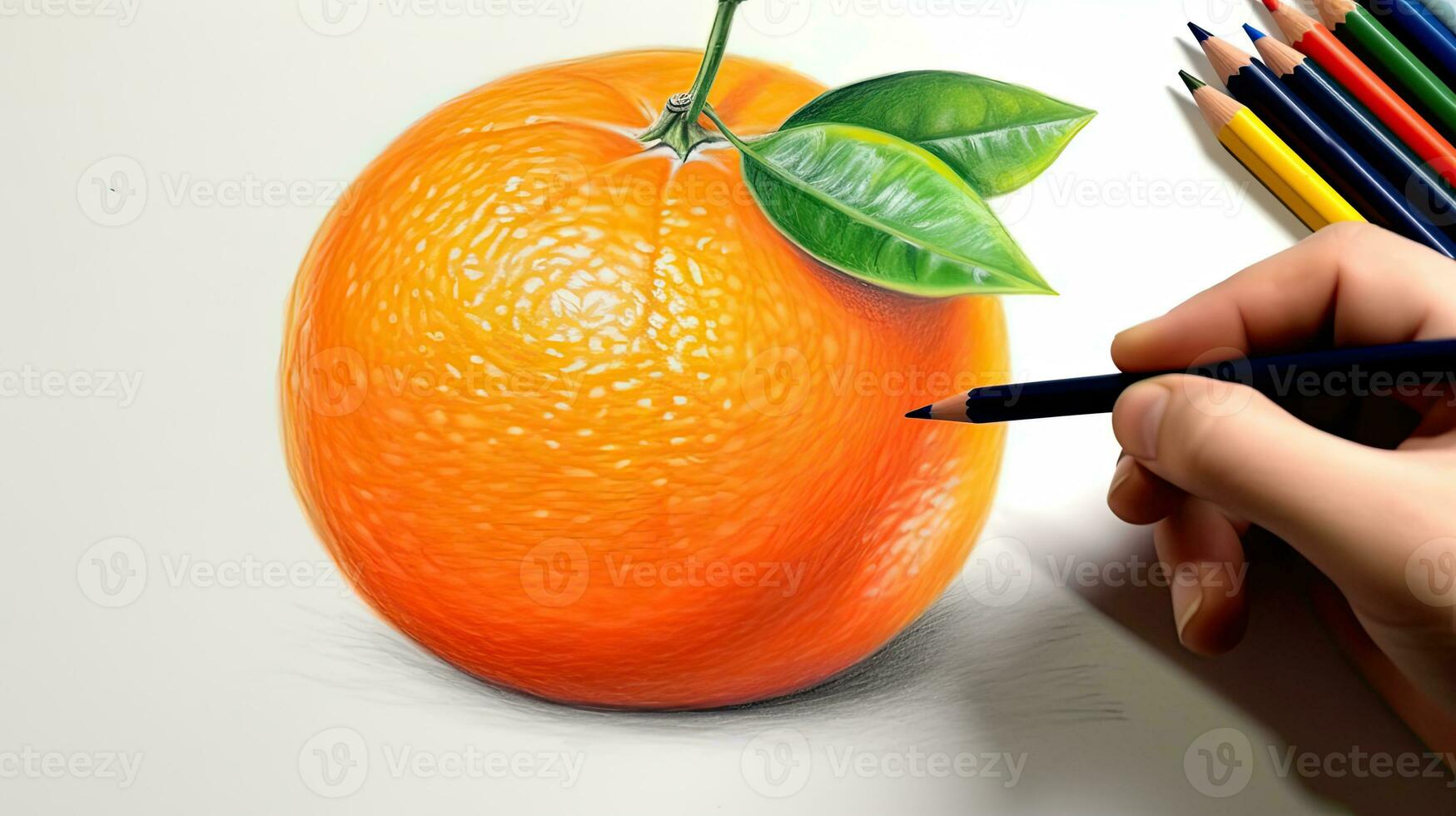 3D Art Presenting Image of Hand Drawing Realistic Orange with Pencil. Generative AI. photo