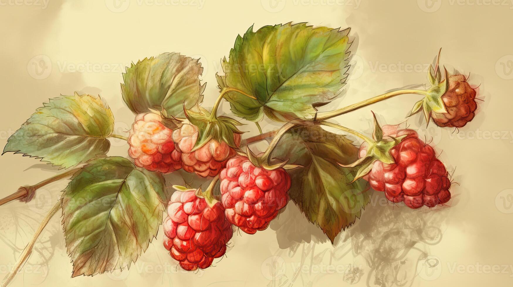 Realistic Drawing Raspberry Tree Branch Isolated on Yellow Background. . photo