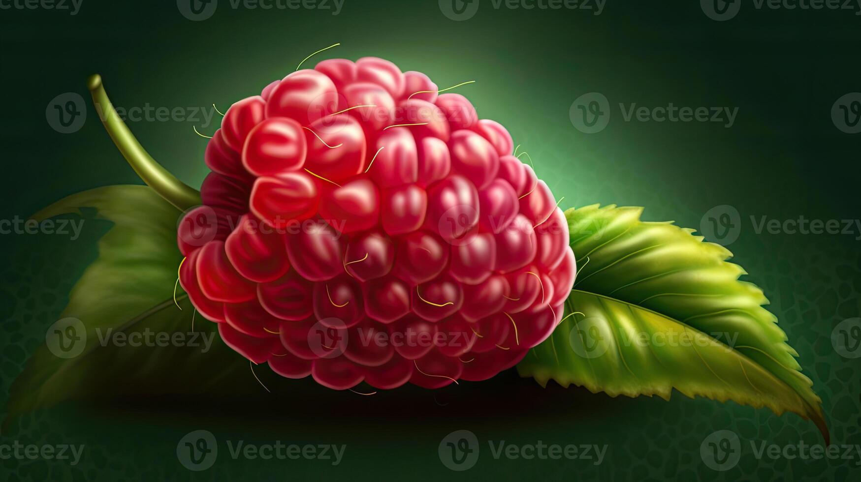 Realistic Juicy Raspberry With Leaves on Shiny Green Background. Generative AI. photo