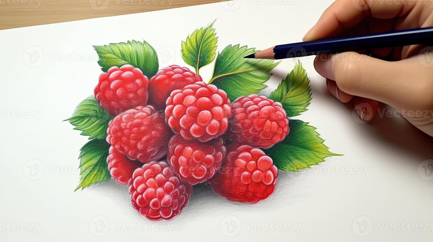 3D Art Presenting Image of Hand Drawing Realistic Raspberry with Pencil. . photo