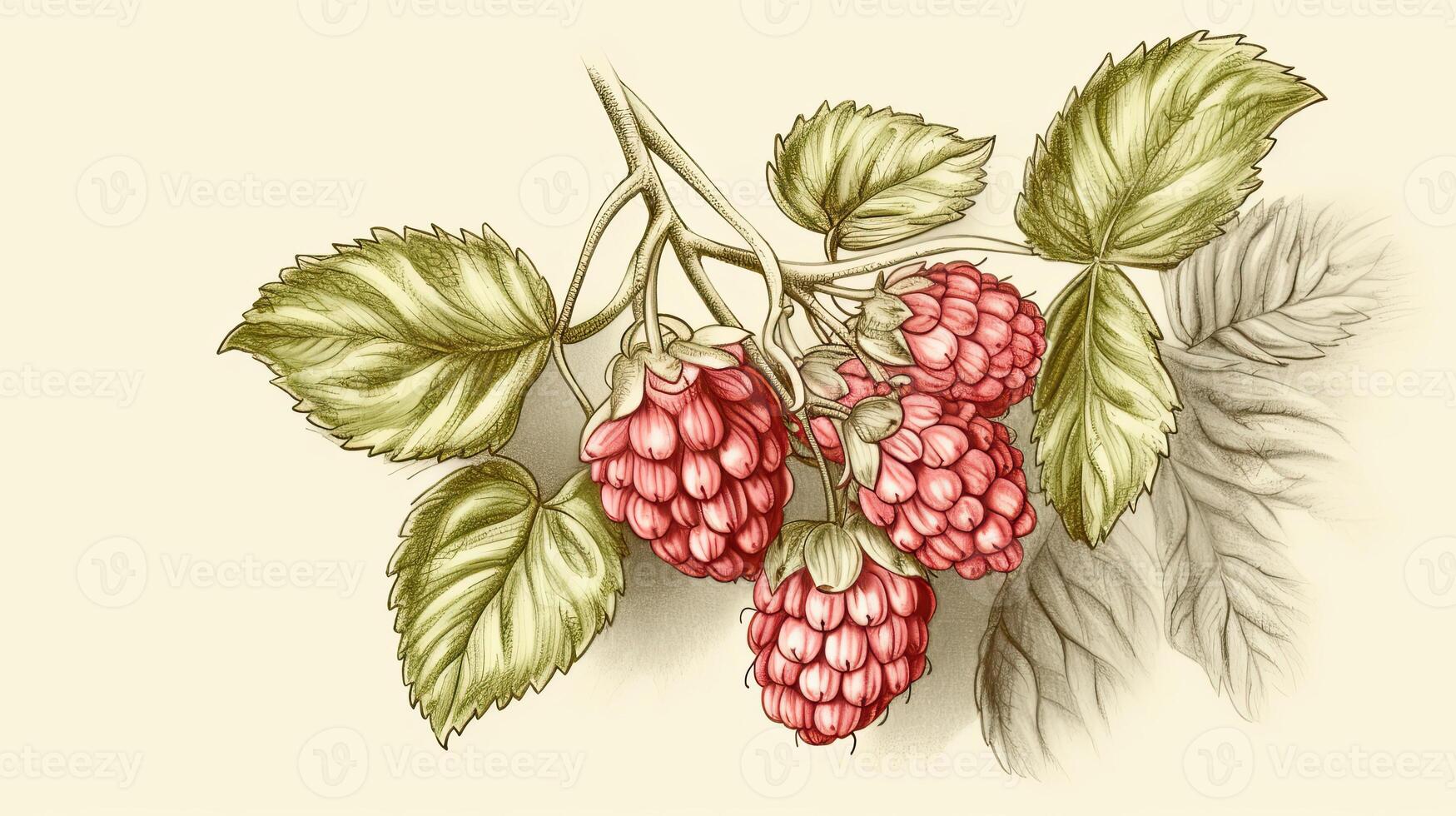 Realistic Drawing Raspberry Tree Branch Isolated on Pastel Yellow Background. . photo