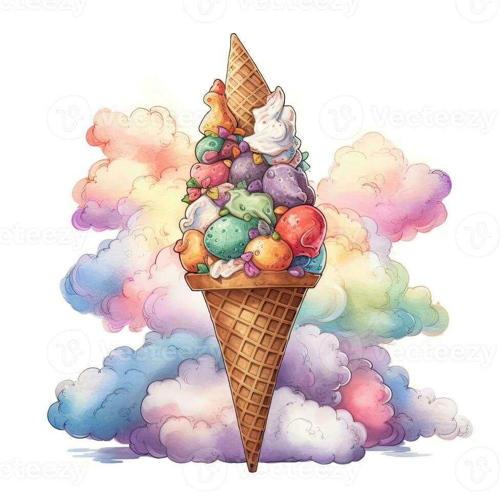 A Painting of Colorful Skyline Ice Cream Wafer Cone in Sky Clouds. photo